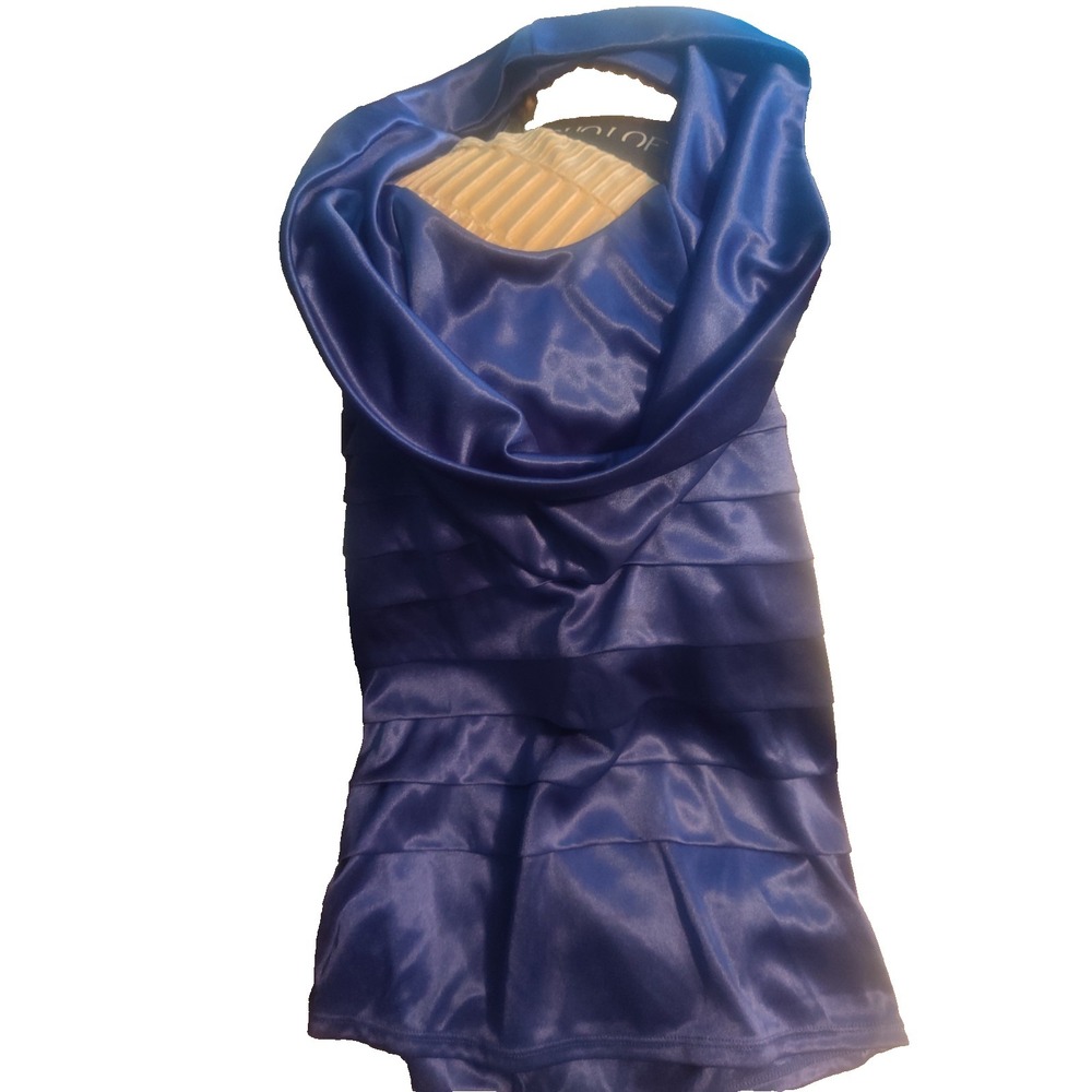 SimplyX Blue Satin Strapless Cowl Neck Draped Top S